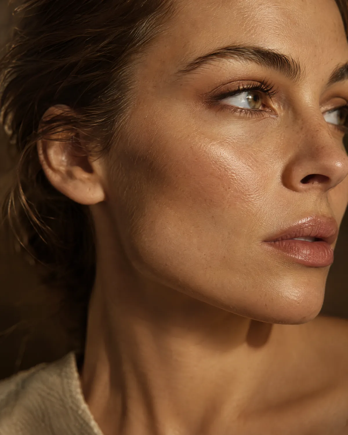A woman's cheekbone and mid face in soft warm light