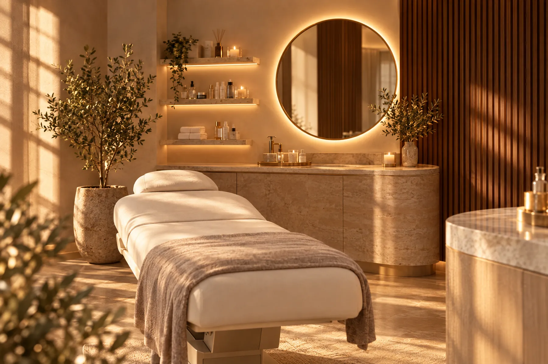 A calm treatment room with warm brass wall lights