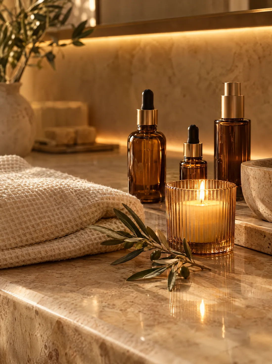 Amber serum bottles, a folded towel and a candle on a travertine counter
