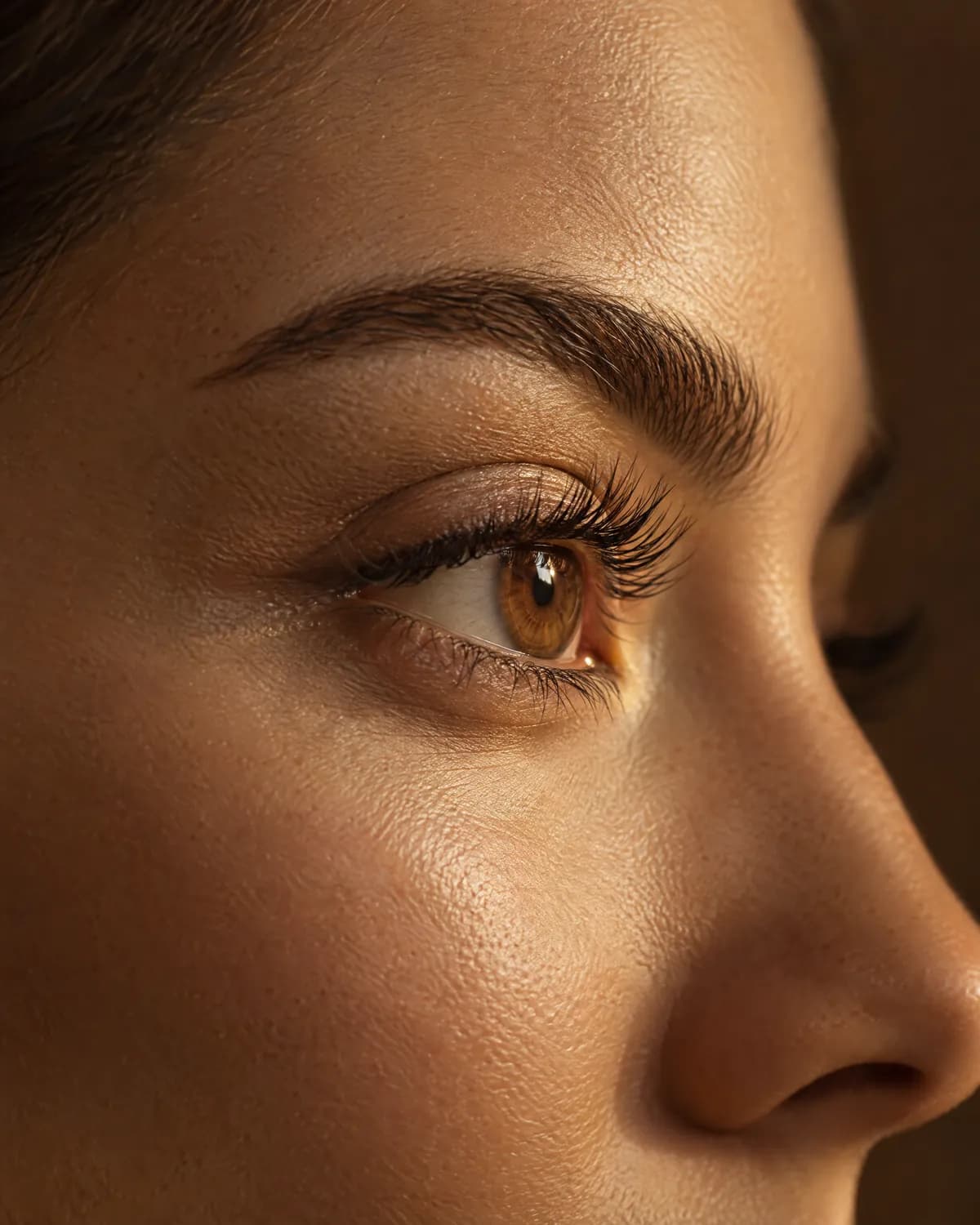 Close up of a woman's eye and brow with smooth skin in warm light