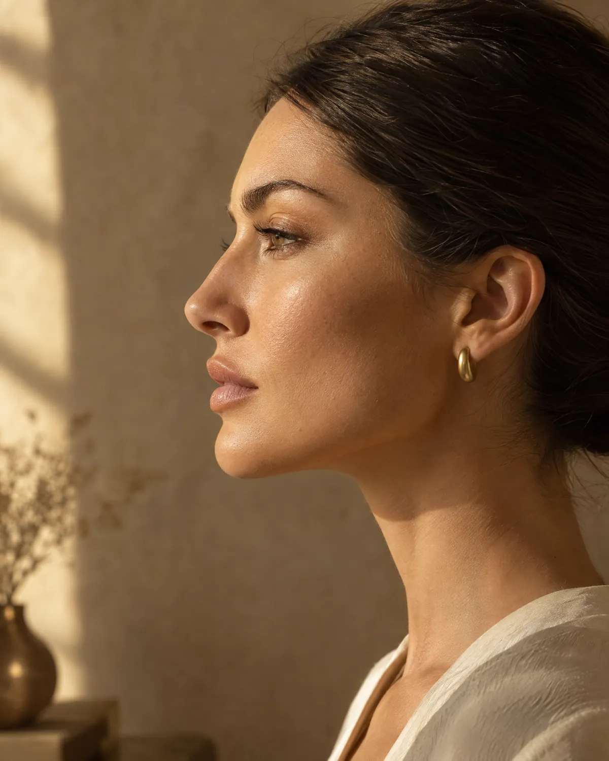 A woman's side profile showing a refined nose, chin and jawline