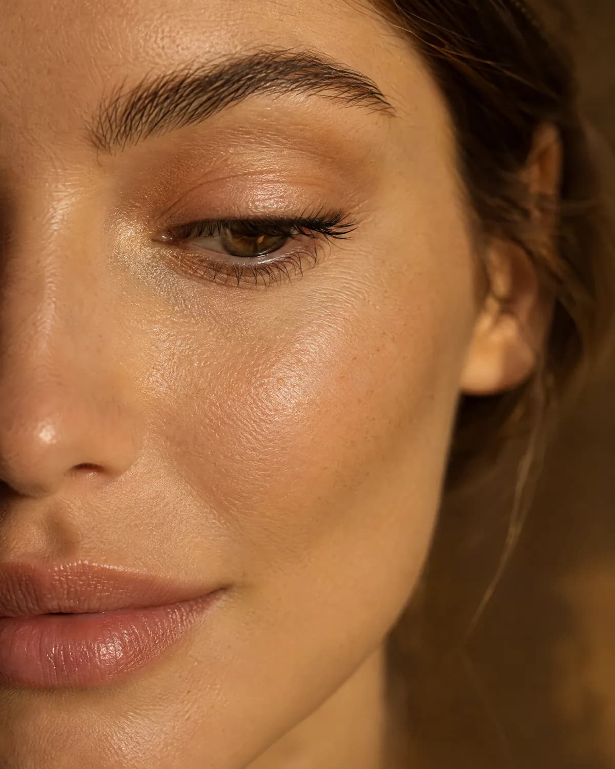 Close up of bright, rested skin under a woman's eye