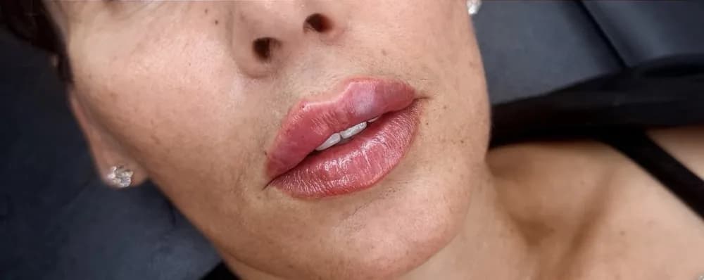 A client's lips before and after lip filler, restoring shape: after